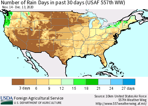 United States Number of Rain Days in past 30 days (USAF 557th WW) 12/13/2020 Thematic Map For 12/7/2020 - 12/13/2020