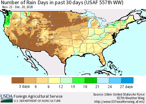 United States Number of Rain Days in past 30 days (USAF 557th WW) 12/20/2020 Thematic Map For 12/14/2020 - 12/20/2020