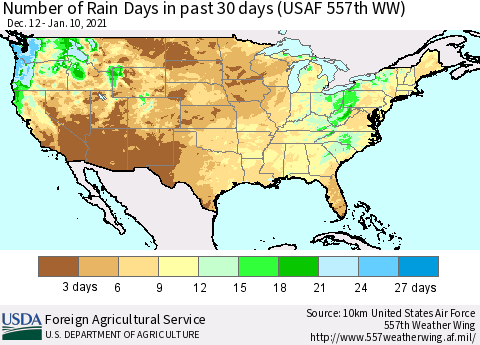 United States Number of Rain Days in past 30 days (USAF 557th WW) 01/10/2021 Thematic Map For 1/4/2021 - 1/10/2021