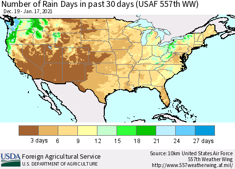 United States Number of Rain Days in past 30 days (USAF 557th WW) 01/17/2021 Thematic Map For 1/11/2021 - 1/17/2021