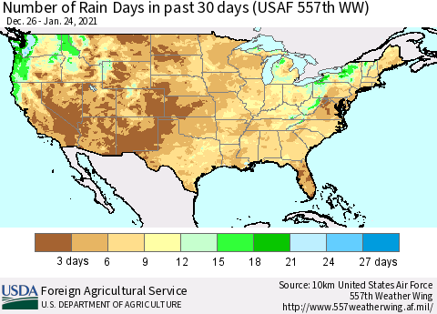 United States Number of Rain Days in past 30 days (USAF 557th WW) 01/24/2021 Thematic Map For 1/18/2021 - 1/24/2021