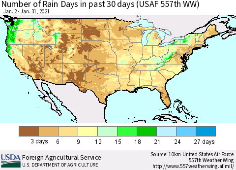 United States Number of Rain Days in past 30 days (USAF 557th WW) 01/31/2021 Thematic Map For 1/25/2021 - 1/31/2021