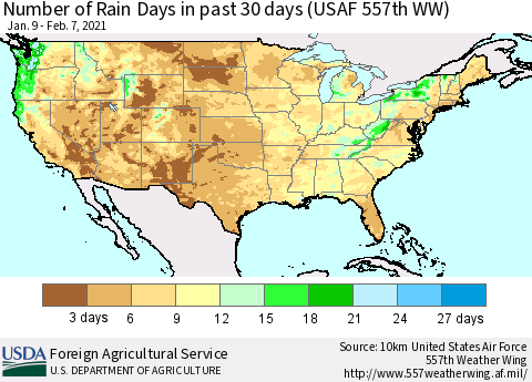 United States Number of Rain Days in past 30 days (USAF 557th WW) 02/07/2021 Thematic Map For 2/1/2021 - 2/7/2021