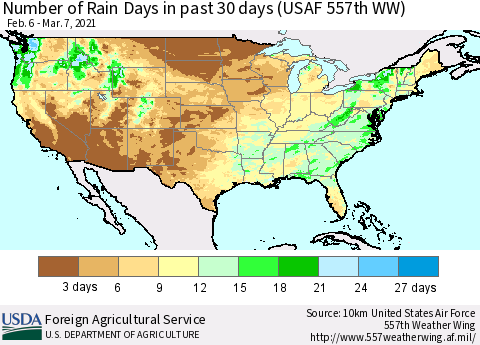 United States Number of Rain Days in past 30 days (USAF 557th WW) 03/07/2021 Thematic Map For 3/1/2021 - 3/7/2021