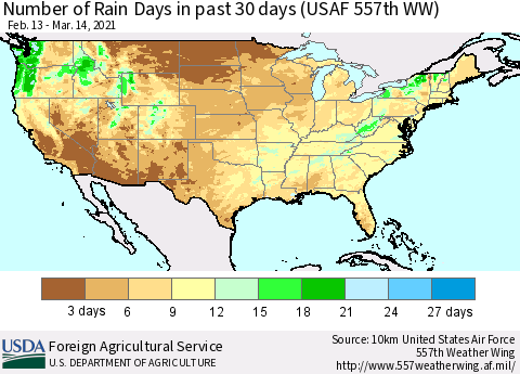 United States Number of Rain Days in past 30 days (USAF 557th WW) 03/14/2021 Thematic Map For 3/8/2021 - 3/14/2021
