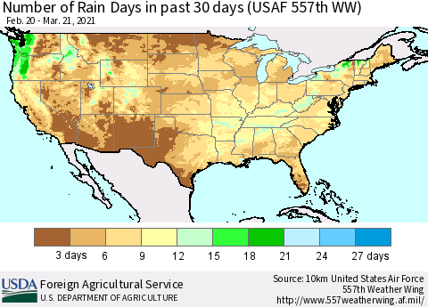 United States Number of Rain Days in past 30 days (USAF 557th WW) 03/21/2021 Thematic Map For 3/15/2021 - 3/21/2021