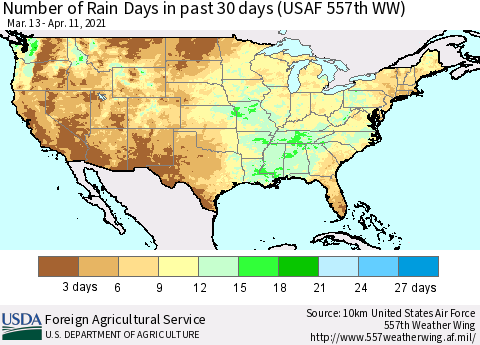 United States Number of Rain Days in past 30 days (USAF 557th WW) 04/11/2021 Thematic Map For 4/5/2021 - 4/11/2021