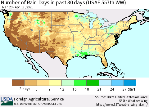 United States Number of Rain Days in past 30 days (USAF 557th WW) 04/18/2021 Thematic Map For 4/12/2021 - 4/18/2021