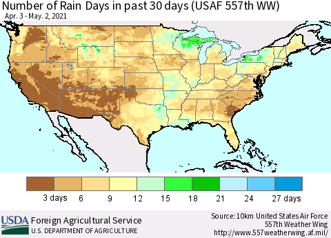 United States Number of Rain Days in past 30 days (USAF 557th WW) 05/02/2021 Thematic Map For 4/26/2021 - 5/2/2021