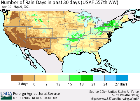 United States Number of Rain Days in past 30 days (USAF 557th WW) 05/09/2021 Thematic Map For 5/3/2021 - 5/9/2021