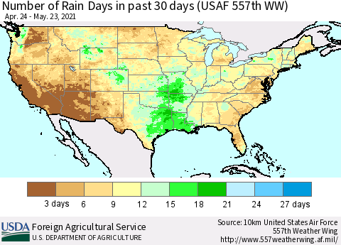 United States Number of Rain Days in past 30 days (USAF 557th WW) 05/23/2021 Thematic Map For 5/17/2021 - 5/23/2021
