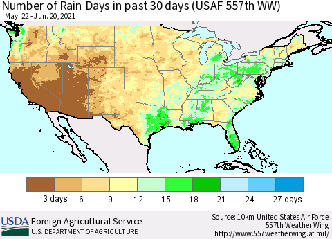 United States Number of Rain Days in past 30 days (USAF 557th WW) 06/20/2021 Thematic Map For 6/14/2021 - 6/20/2021