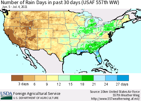United States Number of Rain Days in past 30 days (USAF 557th WW) 07/04/2021 Thematic Map For 6/28/2021 - 7/4/2021