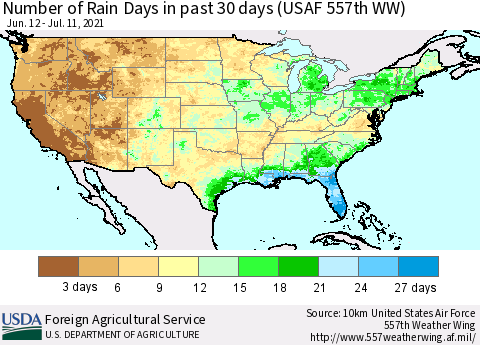 United States Number of Rain Days in past 30 days (USAF 557th WW) 07/11/2021 Thematic Map For 7/5/2021 - 7/11/2021