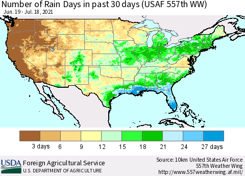 United States Number of Rain Days in past 30 days (USAF 557th WW) 07/18/2021 Thematic Map For 7/12/2021 - 7/18/2021
