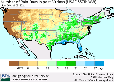 United States Number of Rain Days in past 30 days (USAF 557th WW) 07/25/2021 Thematic Map For 7/19/2021 - 7/25/2021