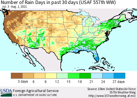 United States Number of Rain Days in past 30 days (USAF 557th WW) 08/01/2021 Thematic Map For 7/26/2021 - 8/1/2021