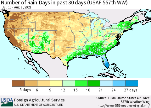 United States Number of Rain Days in past 30 days (USAF 557th WW) 08/08/2021 Thematic Map For 8/2/2021 - 8/8/2021