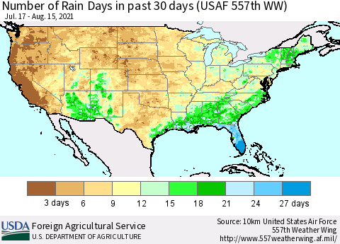 United States Number of Rain Days in past 30 days (USAF 557th WW) 08/15/2021 Thematic Map For 8/9/2021 - 8/15/2021