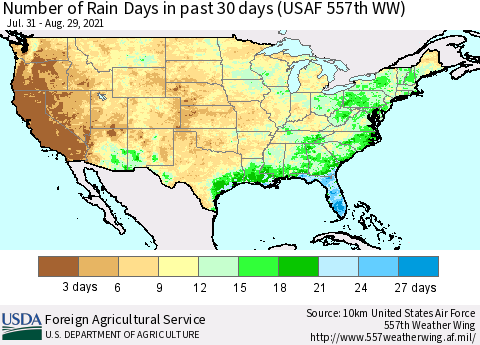 United States Number of Rain Days in past 30 days (USAF 557th WW) 08/29/2021 Thematic Map For 8/23/2021 - 8/29/2021