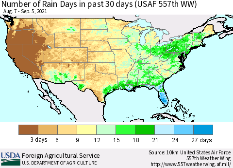 United States Number of Rain Days in past 30 days (USAF 557th WW) 09/05/2021 Thematic Map For 8/30/2021 - 9/5/2021