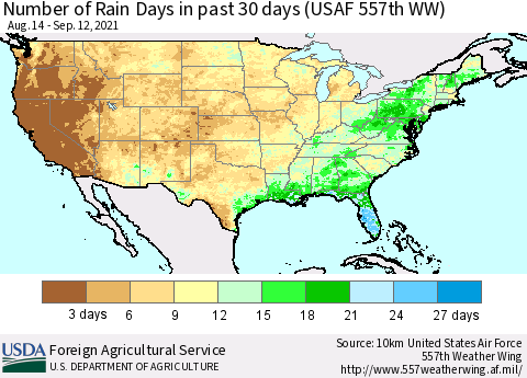 United States Number of Rain Days in past 30 days (USAF 557th WW) 09/12/2021 Thematic Map For 9/6/2021 - 9/12/2021