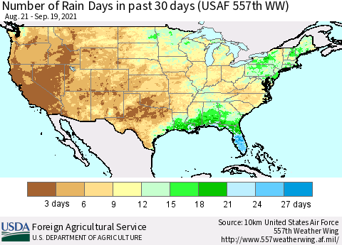 United States Number of Rain Days in past 30 days (USAF 557th WW) 09/19/2021 Thematic Map For 9/13/2021 - 9/19/2021