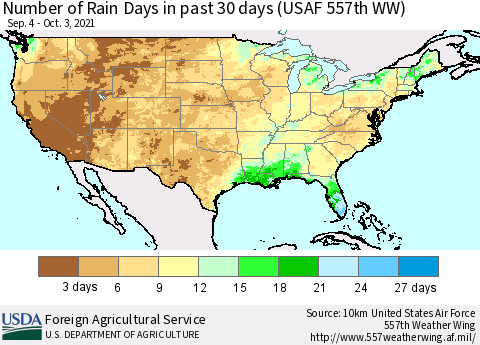 United States Number of Rain Days in past 30 days (USAF 557th WW) 10/03/2021 Thematic Map For 9/27/2021 - 10/3/2021