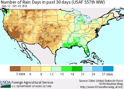United States Number of Rain Days in past 30 days (USAF 557th WW) 10/10/2021 Thematic Map For 10/4/2021 - 10/10/2021