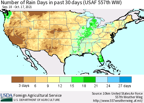 United States Number of Rain Days in past 30 days (USAF 557th WW) 10/17/2021 Thematic Map For 10/11/2021 - 10/17/2021