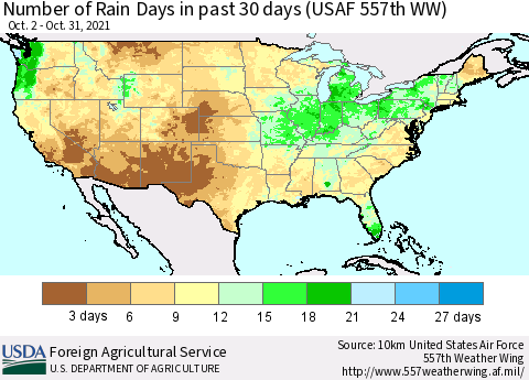 United States Number of Rain Days in past 30 days (USAF 557th WW) 10/31/2021 Thematic Map For 10/25/2021 - 10/31/2021