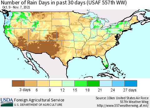 United States Number of Rain Days in past 30 days (USAF 557th WW) 11/07/2021 Thematic Map For 11/1/2021 - 11/7/2021