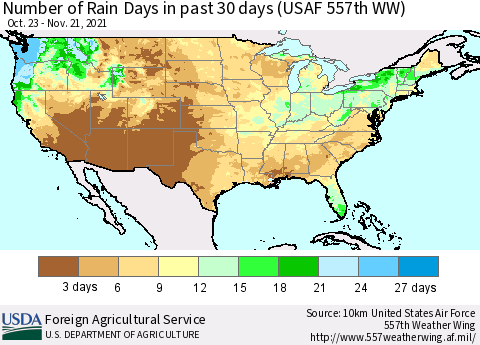 United States Number of Rain Days in past 30 days (USAF 557th WW) 11/21/2021 Thematic Map For 11/15/2021 - 11/21/2021