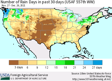 United States Number of Rain Days in past 30 days (USAF 557th WW) 12/26/2021 Thematic Map For 12/20/2021 - 12/26/2021