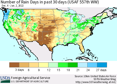 United States Number of Rain Days in past 30 days (USAF 557th WW) 01/02/2022 Thematic Map For 12/27/2021 - 1/2/2022