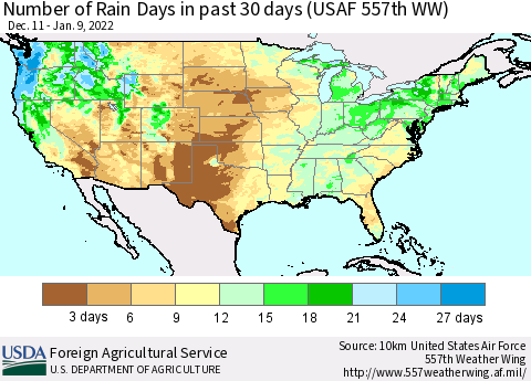 United States Number of Rain Days in past 30 days (USAF 557th WW) 01/09/2022 Thematic Map For 1/3/2022 - 1/9/2022