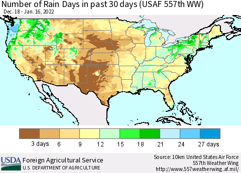 United States Number of Rain Days in past 30 days (USAF 557th WW) 01/16/2022 Thematic Map For 1/10/2022 - 1/16/2022