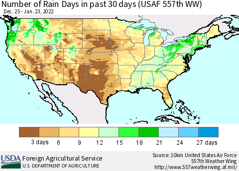 United States Number of Rain Days in past 30 days (USAF 557th WW) 01/23/2022 Thematic Map For 1/17/2022 - 1/23/2022