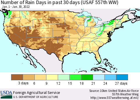 United States Number of Rain Days in past 30 days (USAF 557th WW) 01/30/2022 Thematic Map For 1/24/2022 - 1/30/2022