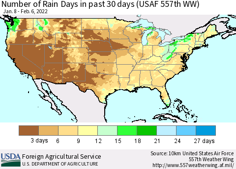 United States Number of Rain Days in past 30 days (USAF 557th WW) 02/06/2022 Thematic Map For 1/31/2022 - 2/6/2022