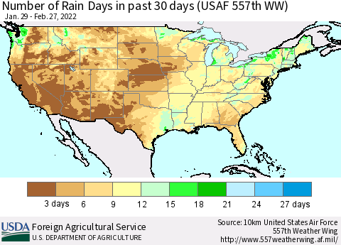 United States Number of Rain Days in past 30 days (USAF 557th WW) 02/27/2022 Thematic Map For 2/21/2022 - 2/27/2022