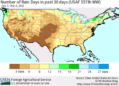 United States Number of Rain Days in past 30 days (USAF 557th WW) 03/06/2022 Thematic Map For 2/28/2022 - 3/6/2022