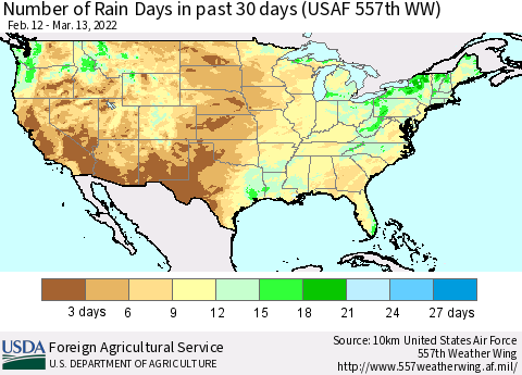 United States Number of Rain Days in past 30 days (USAF 557th WW) 03/13/2022 Thematic Map For 3/7/2022 - 3/13/2022