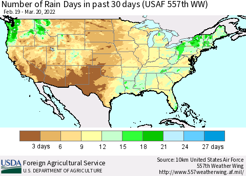 United States Number of Rain Days in past 30 days (USAF 557th WW) 03/20/2022 Thematic Map For 3/14/2022 - 3/20/2022