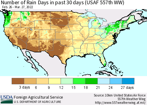 United States Number of Rain Days in past 30 days (USAF 557th WW) 03/27/2022 Thematic Map For 3/21/2022 - 3/27/2022