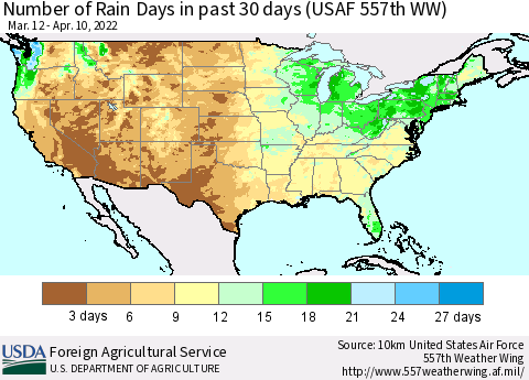 United States Number of Rain Days in past 30 days (USAF 557th WW) 04/10/2022 Thematic Map For 4/4/2022 - 4/10/2022