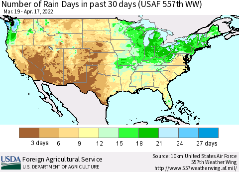 United States Number of Rain Days in past 30 days (USAF 557th WW) 04/17/2022 Thematic Map For 4/11/2022 - 4/17/2022
