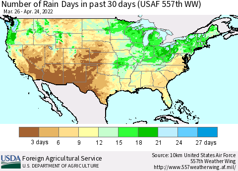 United States Number of Rain Days in past 30 days (USAF 557th WW) 04/24/2022 Thematic Map For 4/18/2022 - 4/24/2022