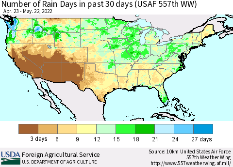 United States Number of Rain Days in past 30 days (USAF 557th WW) 05/22/2022 Thematic Map For 5/16/2022 - 5/22/2022