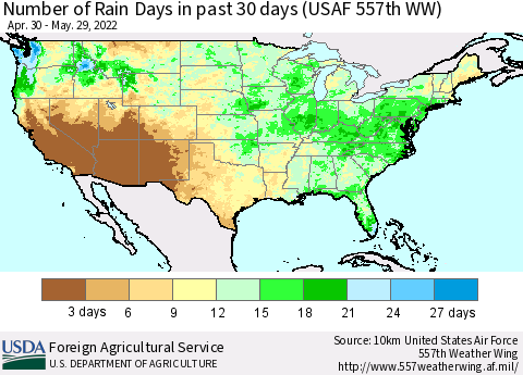 United States Number of Rain Days in past 30 days (USAF 557th WW) 05/29/2022 Thematic Map For 5/23/2022 - 5/29/2022